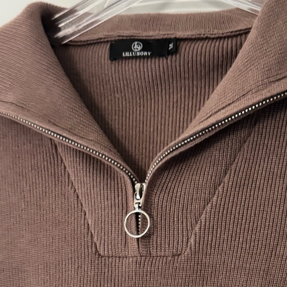 Oversize Thick Comfy Cozy Brown Ribbed Zip-Up Pullover Sweater - Picture 4 of 9